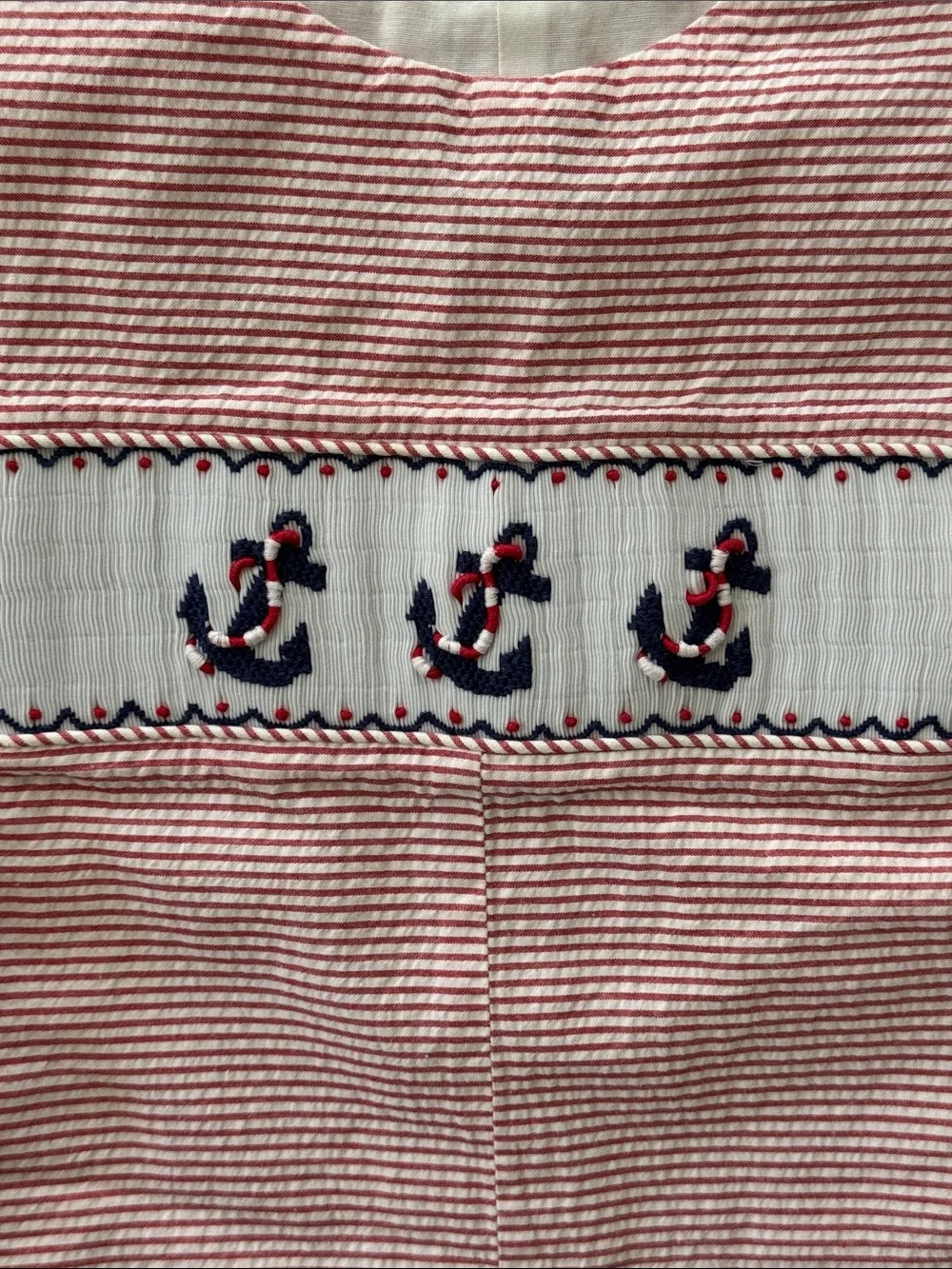 Little English Light Red Seersucker Smocked Shortall - Anchors